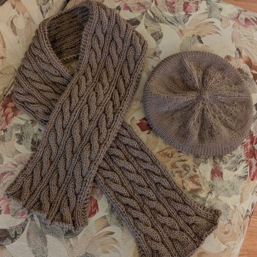 Handmade Café Latte Brown Cable Knit Scarf and Beret Set
